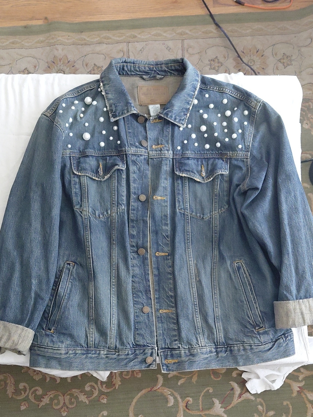 OOAK Hand Painted Denim Jacket Abstract Line Art Portrait Pearl Embellished - Picture 2 of 10
